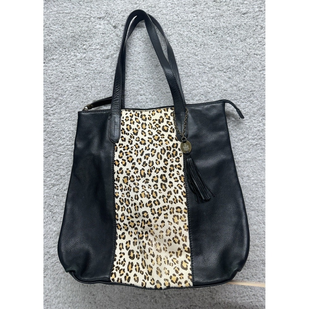 Crown‎ Vintage Black Leather Tote Shoulder Bag Animal Print Zipper Pocket